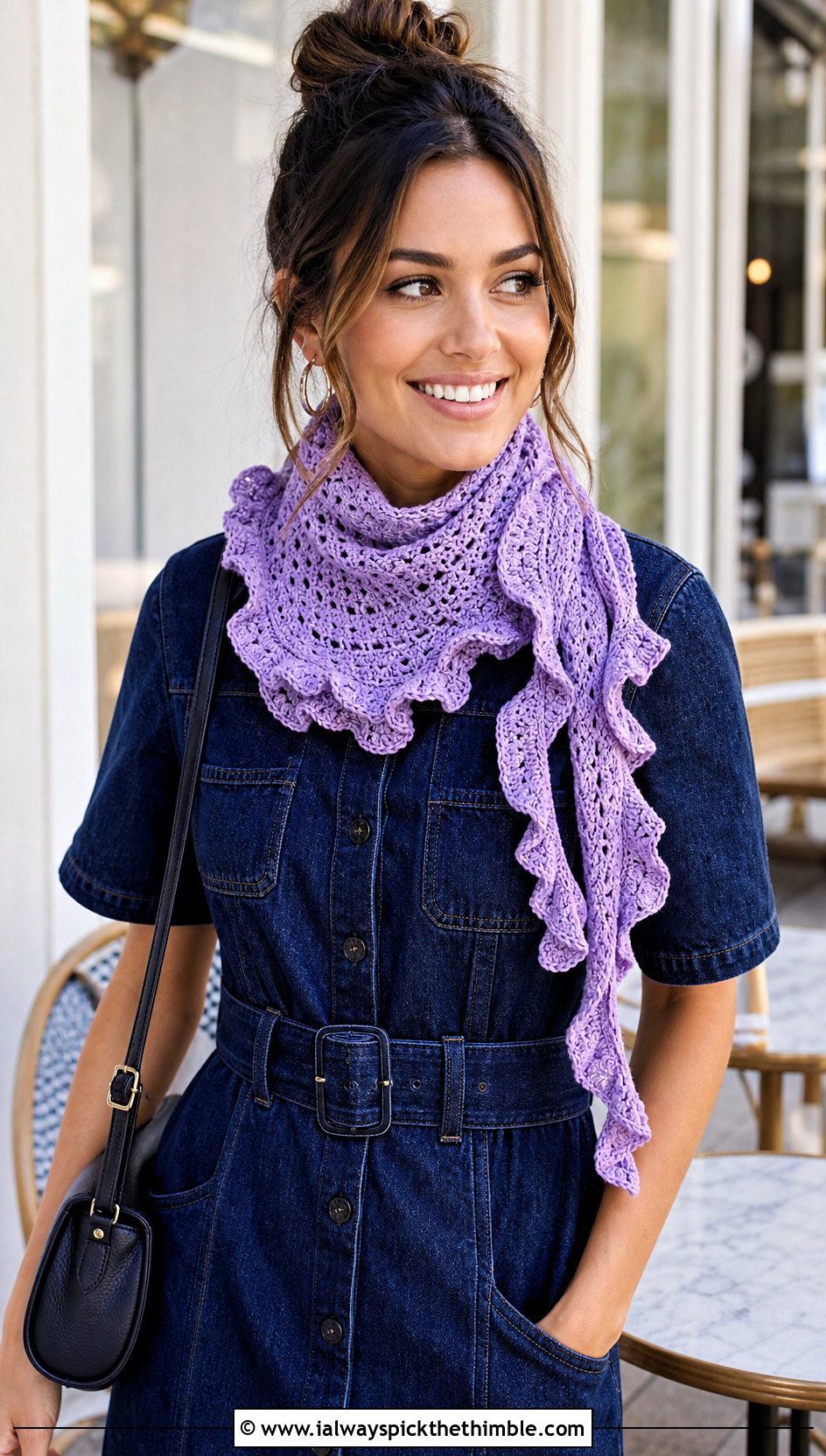 Ruffle Edge Crochet Scarf With Denim Dress - 25 cute crochet scarf outfit ideas