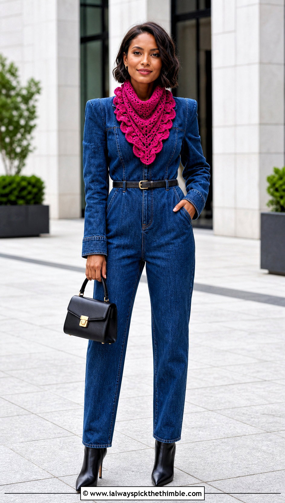 Ruffle Edge Crochet Scarf With Denim Jumpsuit - 20 denim and crochet scarf outfit ideas