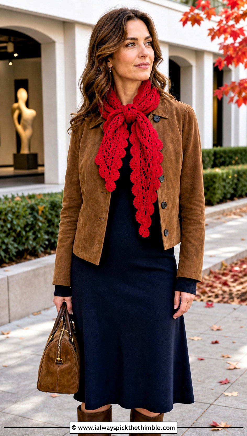Ruffle Edge Crochet Scarf With Midi Dress - 20 autumn crochet scarf outfit ideas