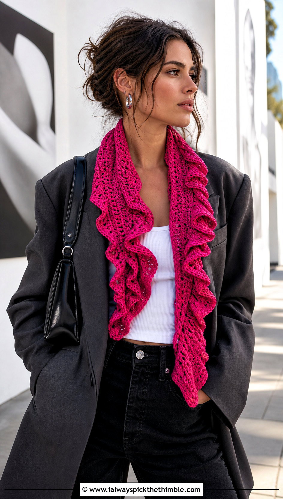 Ruffle Edge Crochet Scarf With Oversized Blazer - 25 small crochet scarf outfit ideas