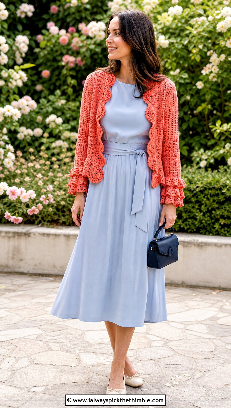 Ruffle Edge Crochet Shrug With Tea Dress - 25 easy crochet shrug outfit ideas