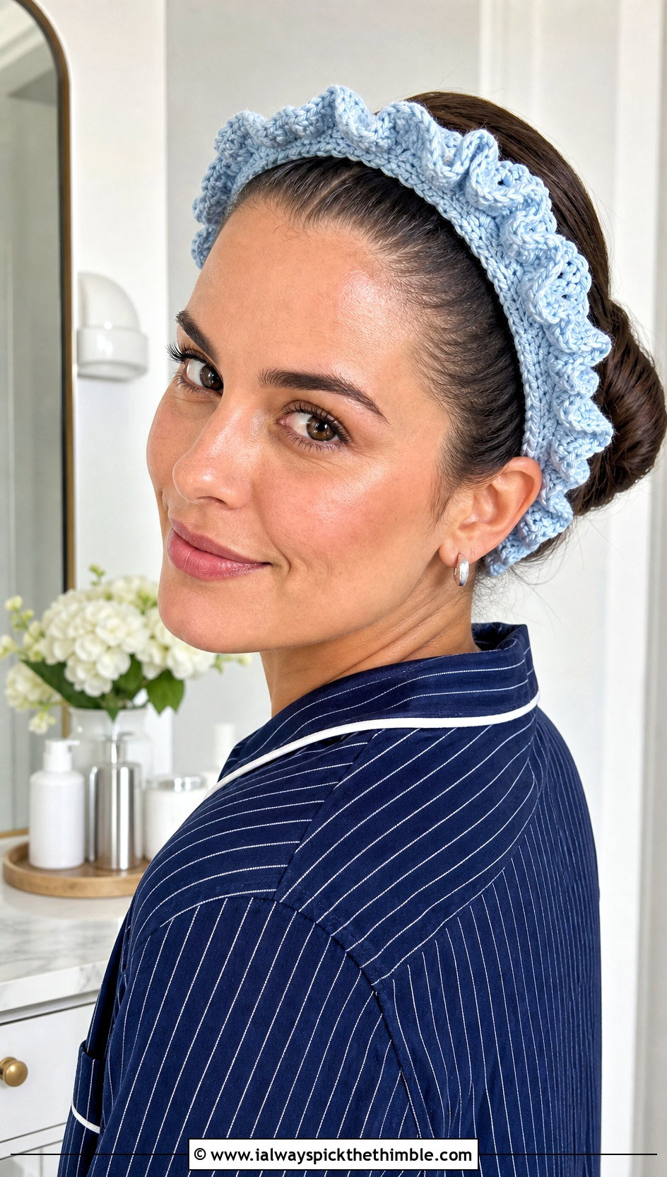 Ruffle Edge Crochet Skincare Headband With Poplin Pajamas - 15 Crochet Skincare Headband outfit ideas