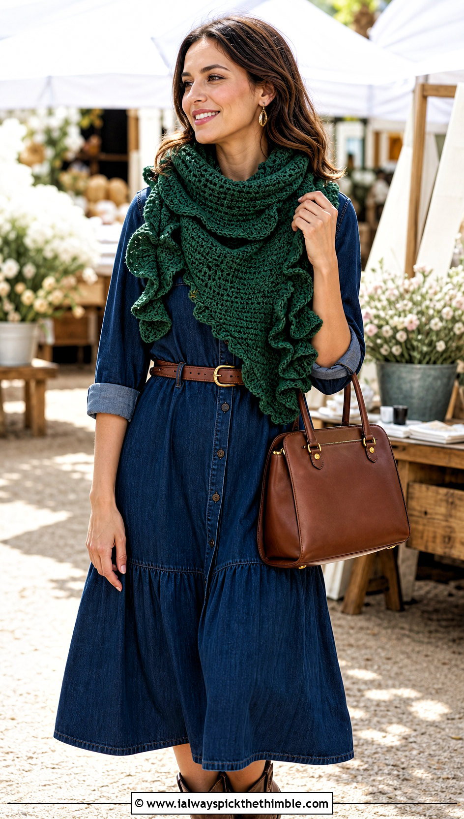 Ruffle Edge Crochet Triangle Scarf With Denim Dress And Western Boots - 25 crochet triangle scarf outfit ideas
