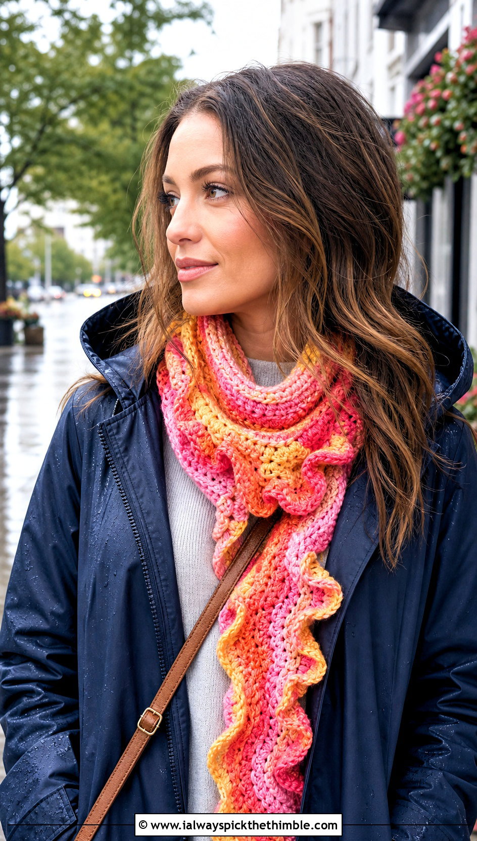 Ruffle Edge Variegated Crochet Scarf With Raincoat - 20 Variegated Yarn Crochet Scarf outfit ideas