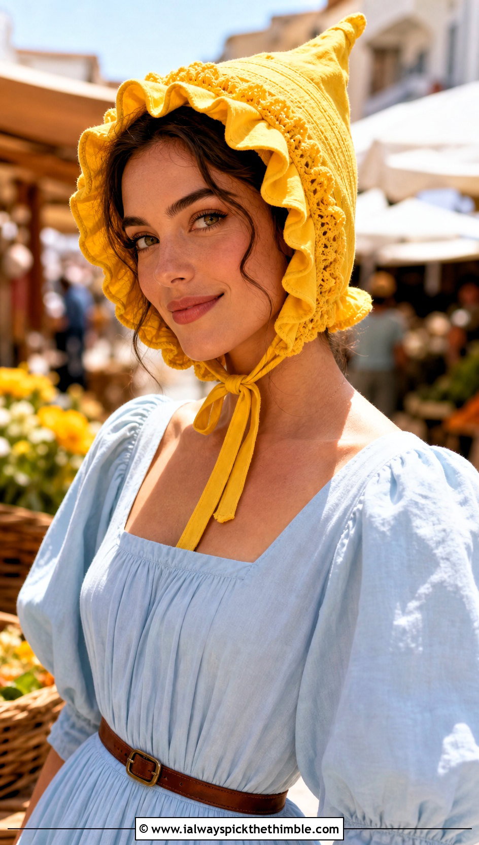Ruffle Pixie Bonnet With Prairie Dress - 25 crochet bonnets outfit ideas
