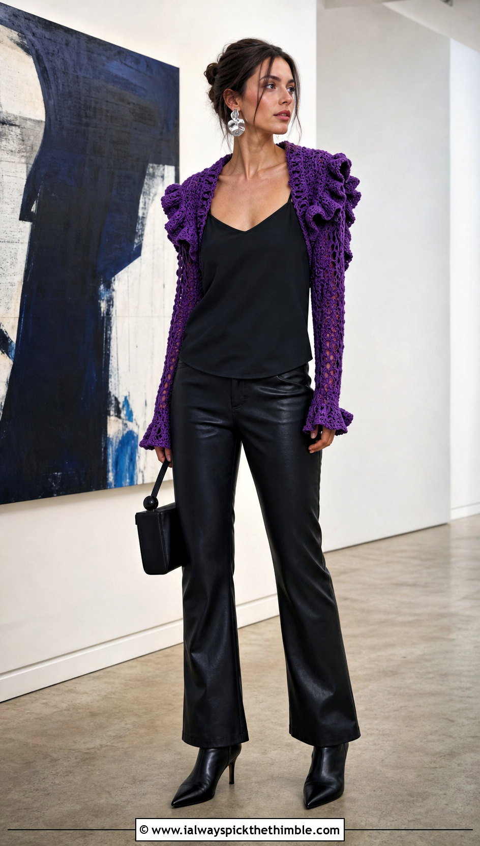 Ruffle Shoulder Crochet Bolero With Leather Pants - 20 Crochet Shrug Cardigan outfit ideas