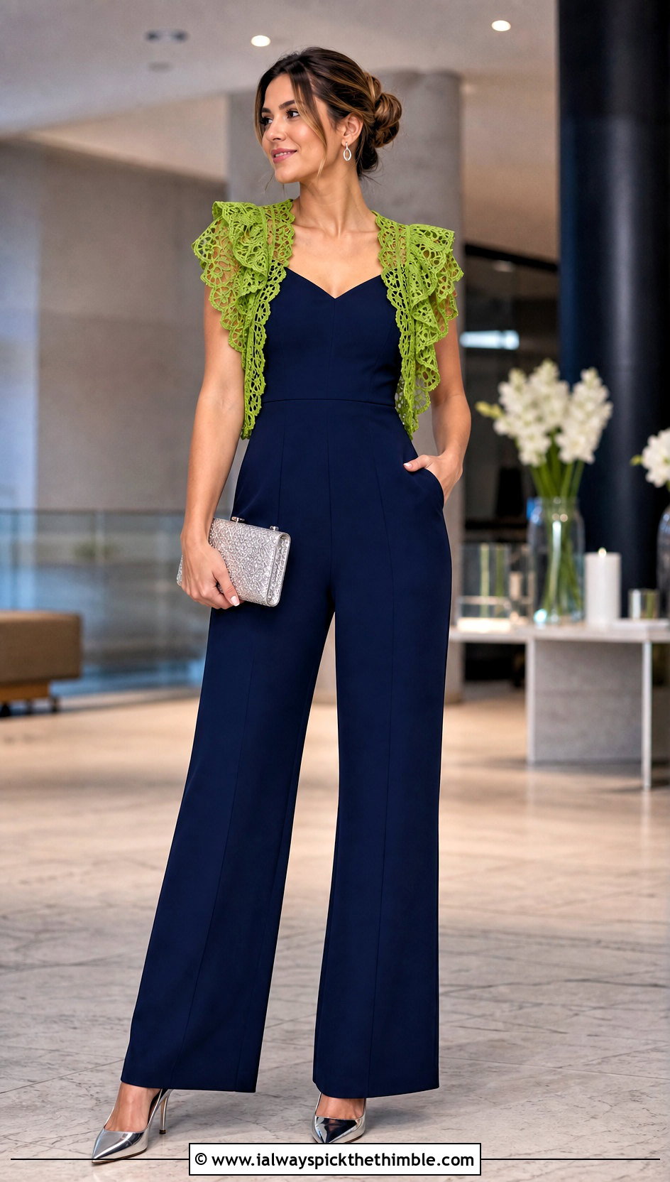 Ruffle Shoulder Crochet Lace Shrug With Jumpsuit - 25 crochet lace shrug outfit ideas