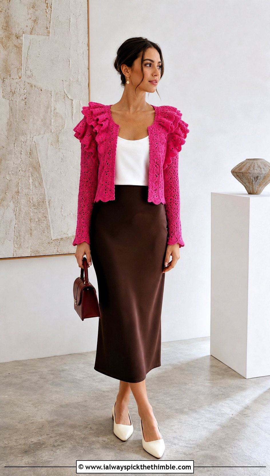 Ruffle Shoulder Shrug With Column Skirt - 25 crochet shrug outfit ideas