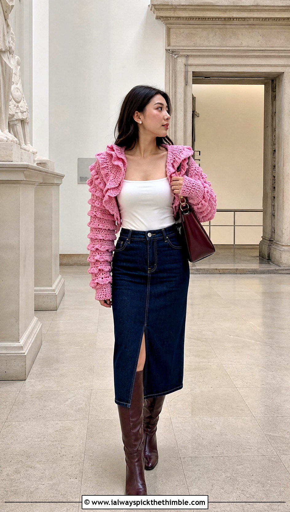 Ruffle Shoulder Shrug With Denim Midi Skirt - 20 crochet shrugs and boleros outfit ideas