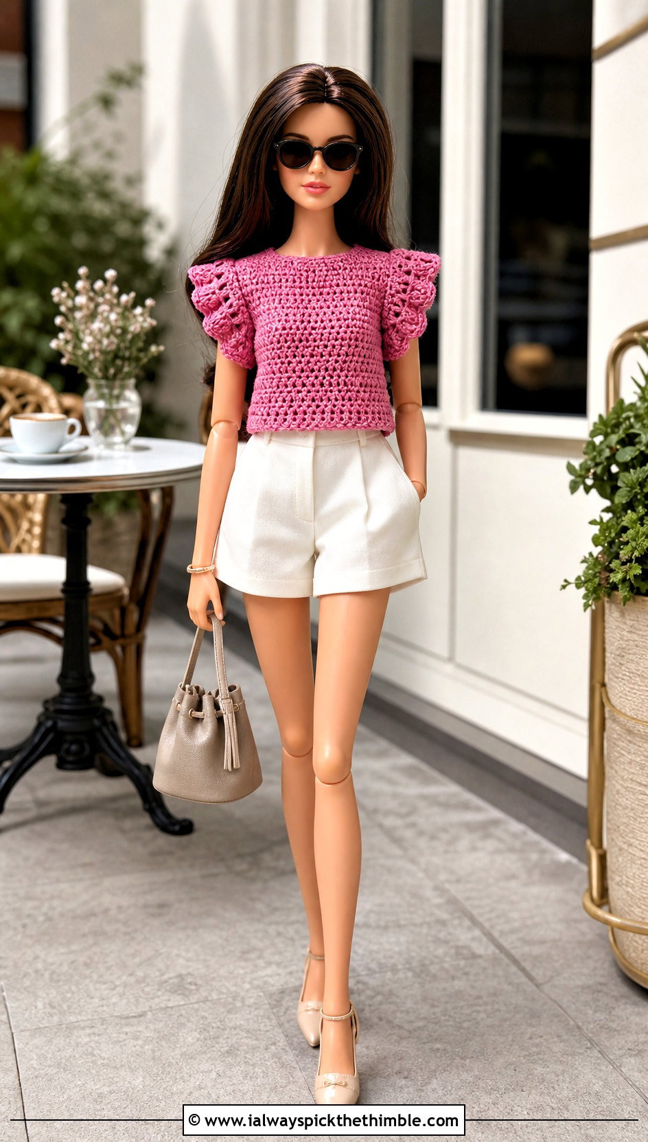 Ruffle Sleeve Crochet Doll Shirt With Tailored Shorts - 25 crochet doll shirt outfit ideas