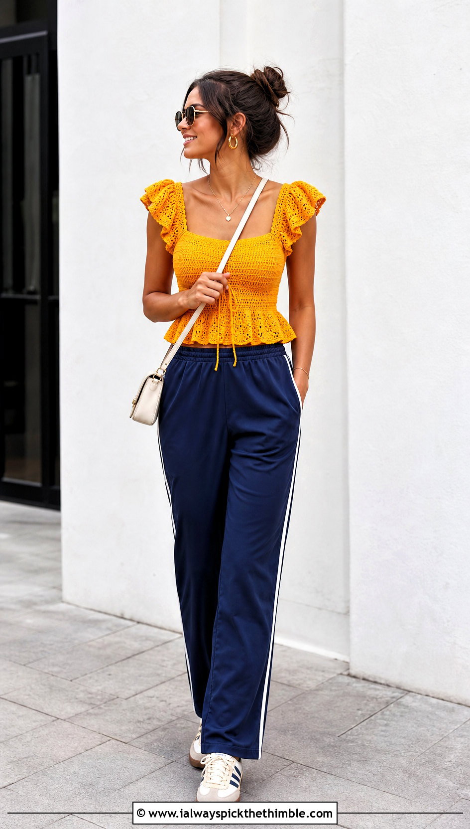 Ruffle Sleeve Crochet Milkmaid Top With Track Pants - 20 Crochet Milkmaid Top outfit ideas