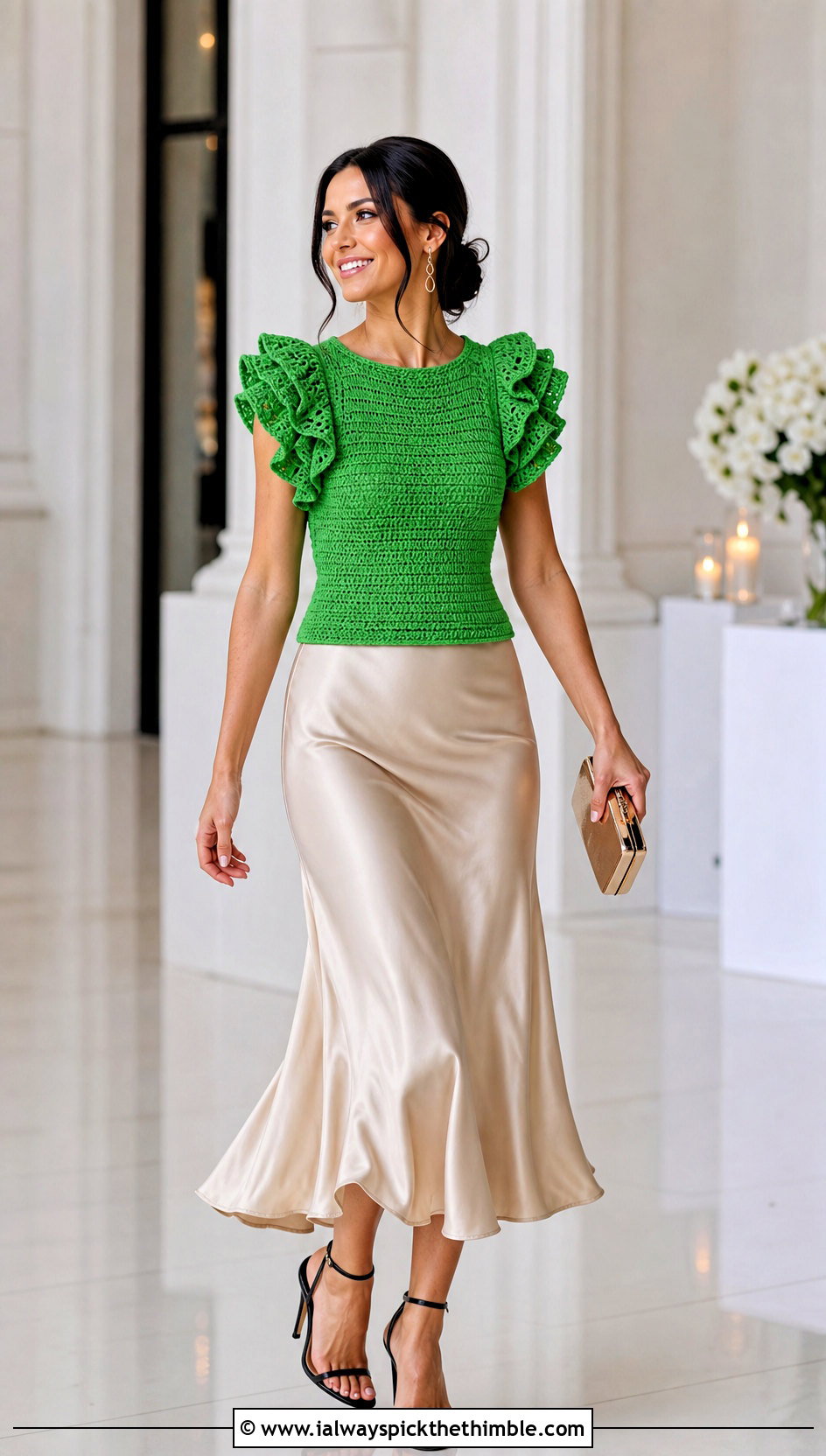 Ruffle Sleeve Crochet Top With Bias Cut Skirt - 25 style crochet top outfit ideas