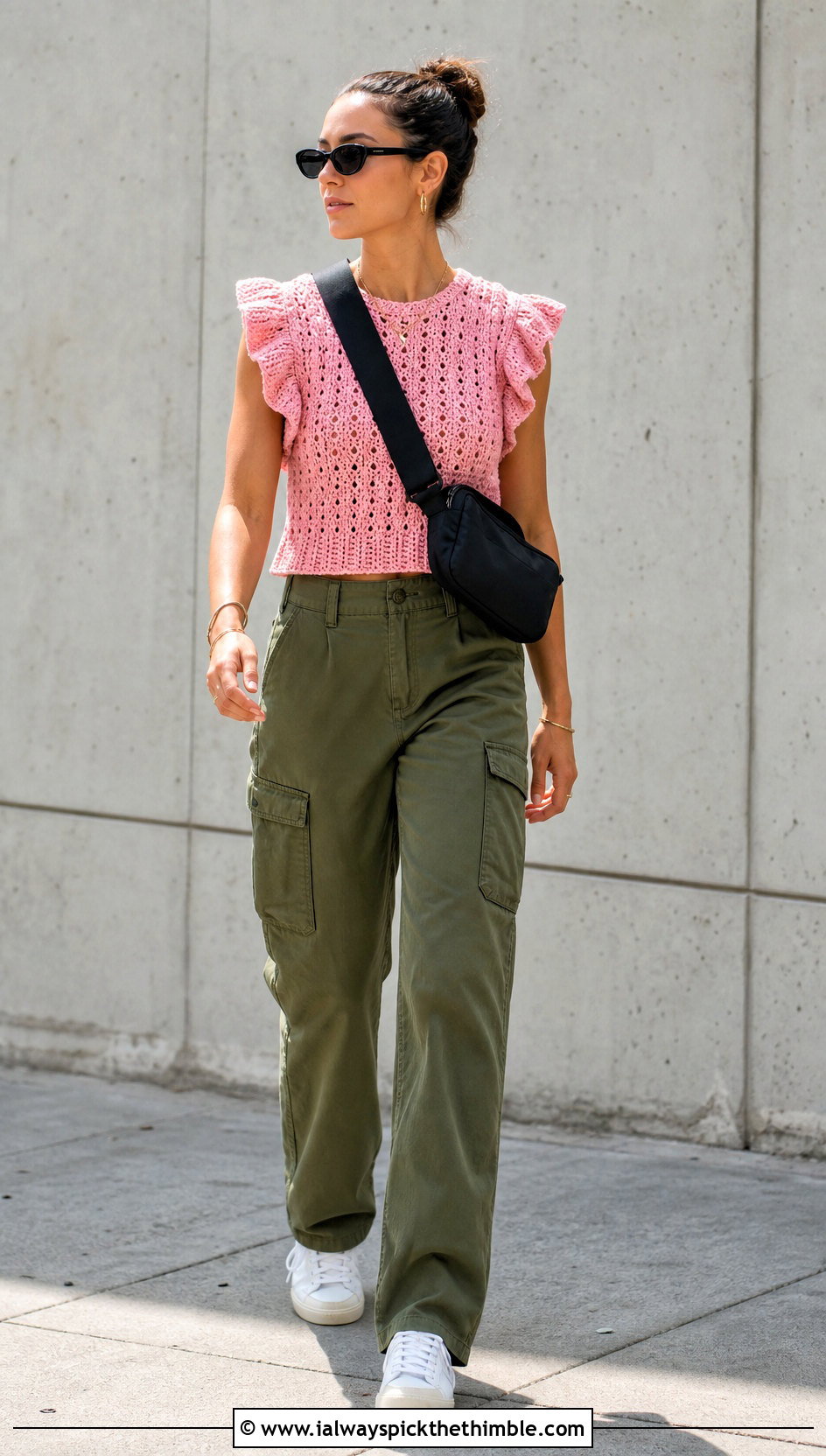 Ruffle Sleeve Crochet Top With Cargo Pants - 25 crochet top with ruffles outfit ideas