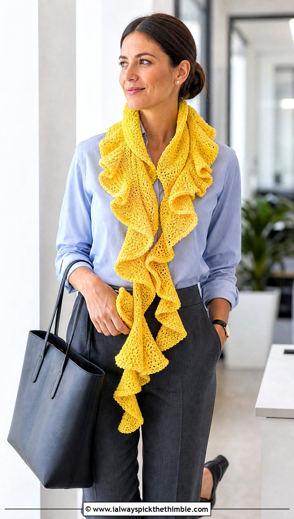 Ruffle Spiral Crochet Scarf With Tailored Trousers - 15 easy spiral crochet scarf outfit ideas