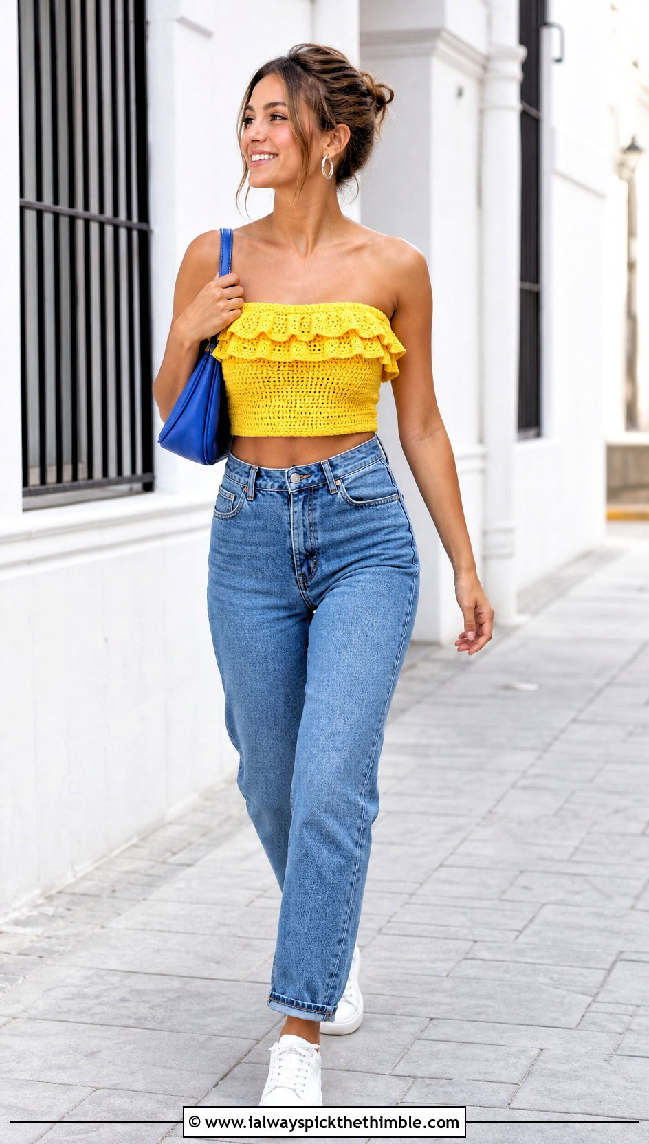 Ruffle Strap Crochet Crop Top With Straight Jeans - 25 crochet ruffle top outfit ideas