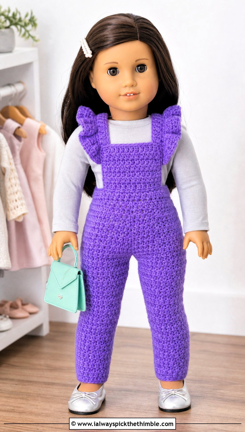 Ruffle Strap Crochet Doll Overalls With Plain Bodysuit - 20 crochet doll overalls outfit ideas
