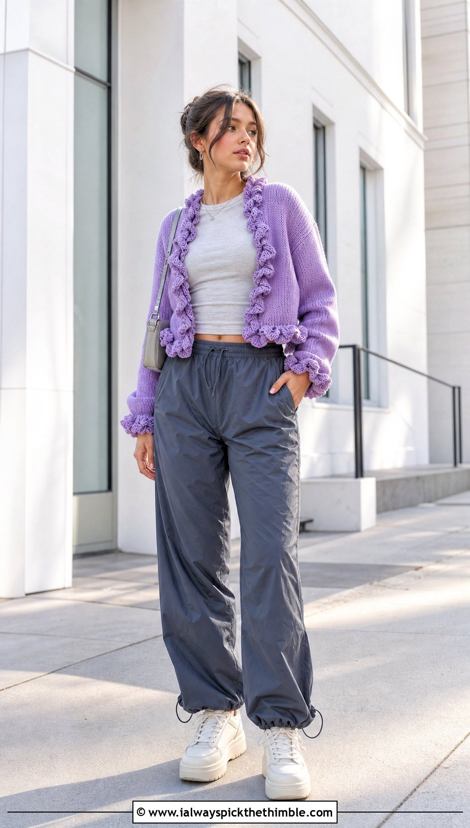 Ruffle Trim Cropped Cardigan With Parachute Pants - 20 Easy Crochet Cropped Cardigan outfit ideas
