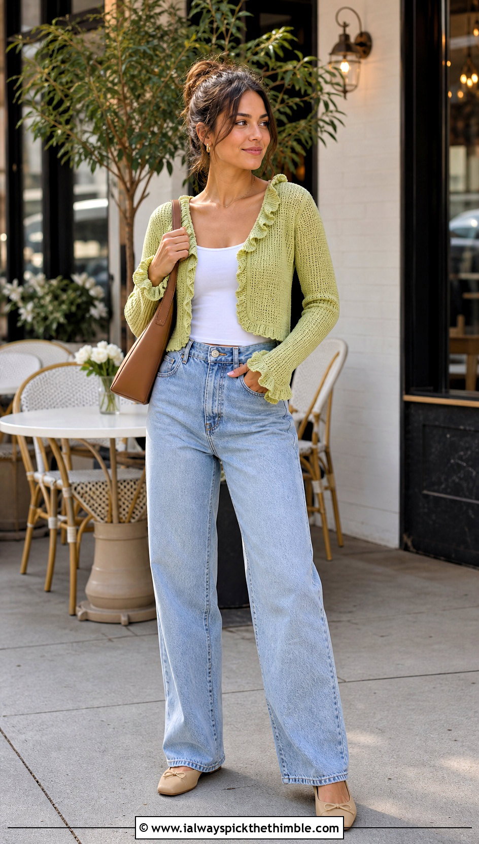 Ruffle Trim Cropped Crochet Cardigan With Relaxed Jeans - 25 cropped crochet cardigan outfit ideas