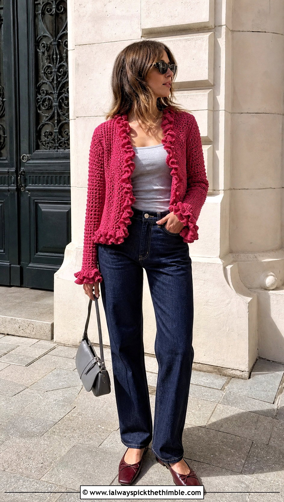 Ruffle Trim Mini Crochet Cardigan With Straight Jeans - 25 mini crochet cardigan outfit ideas