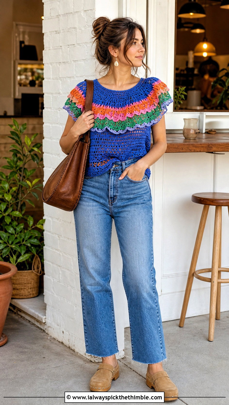 Ruffle Yoke Crochet Blouse With Straight Leg Jeans - 20 ruffled crochet top outfit ideas