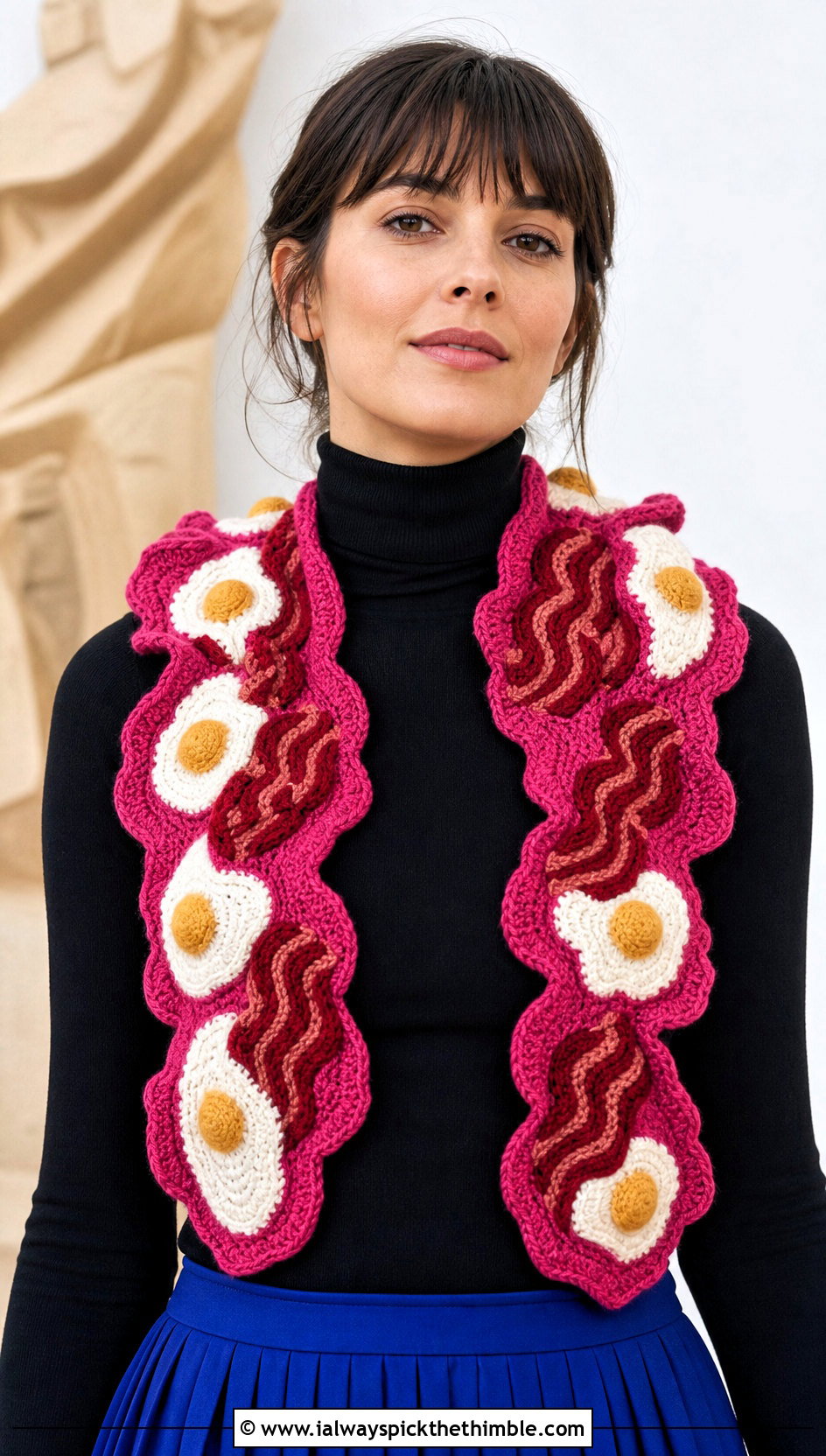 Ruffled Bacon And Eggs Scarf With Pleated Midi Skirt - 20 Crochet Bacon And Eggs Scarf outfit ideas