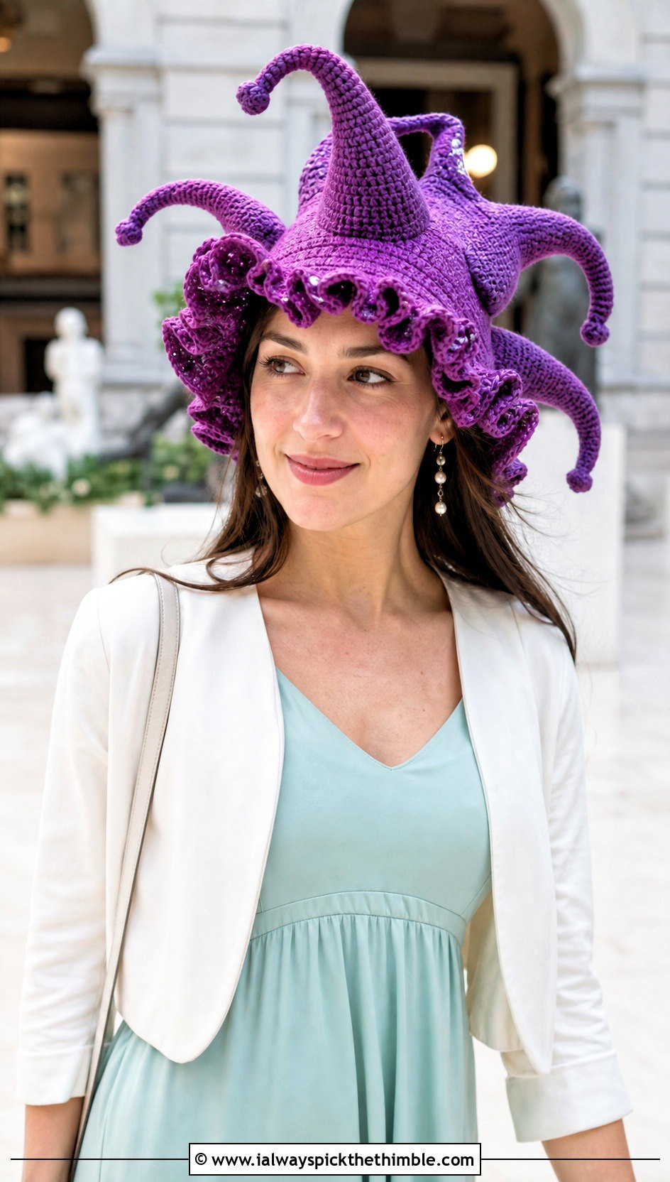 Ruffled Brim Crochet Jester Hat With Midi Dress - 25 crochet jester hat outfit ideas