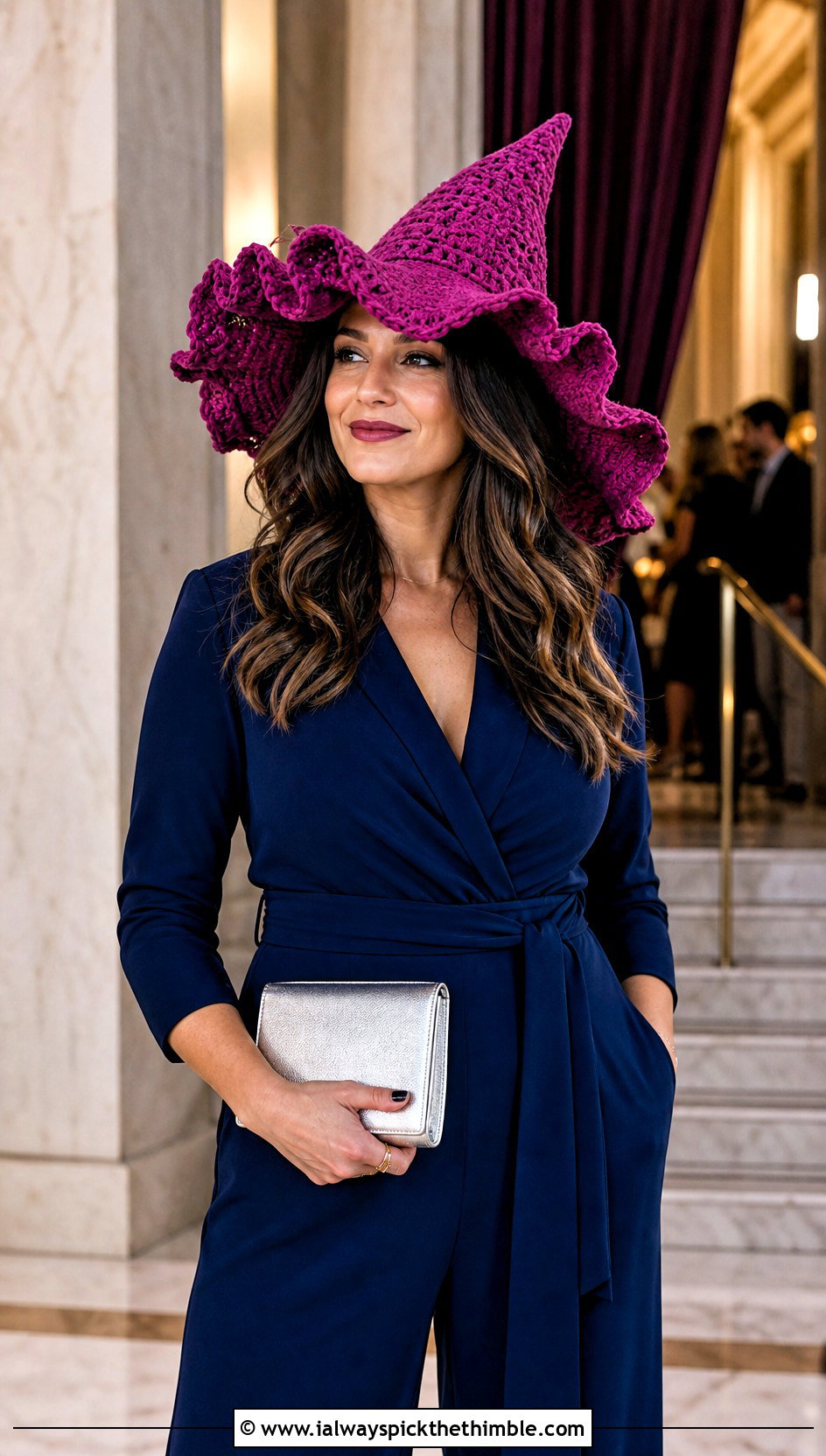 Ruffled Brim Crochet Witch Hat With Wide Leg Jumpsuit - 25 crochet witches hat outfit ideas