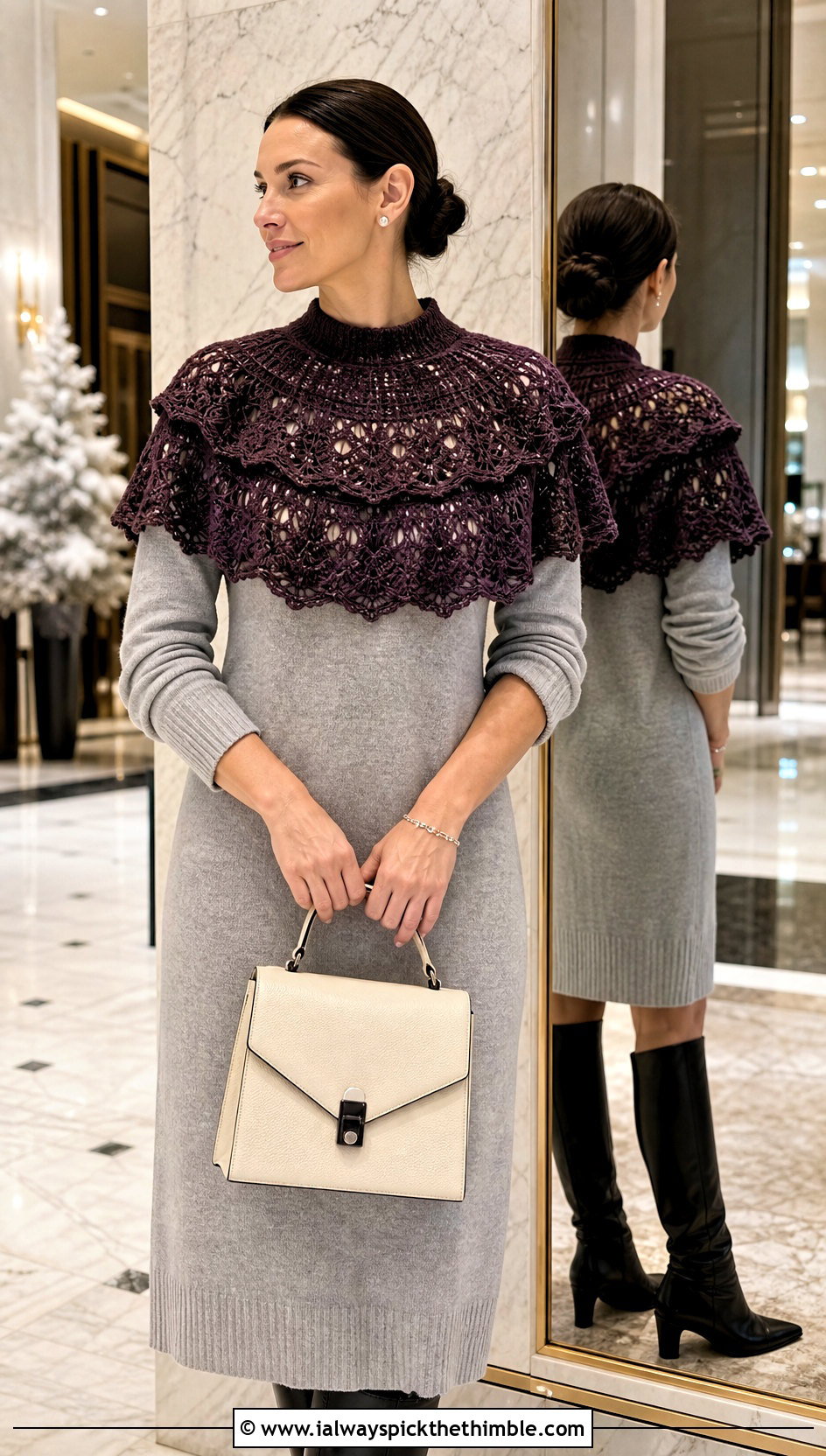 Ruffled Capelet Lace Crochet Collar With Sweater Dress And Boots - 20 Lace Crochet Collar outfit ideas