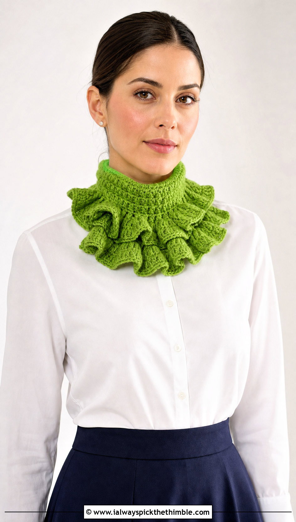 Ruffled Collar Crochet Scarf With Button Down Shirt And Midi Skirt - 20 crochet ruffle scarf outfit ideas