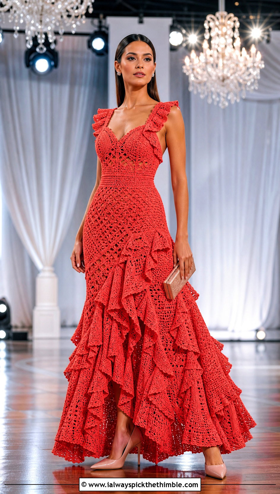 Ruffled Crochet Ball Gown With Sleek Accessories - 20 Crochet Ball Gown outfit ideas