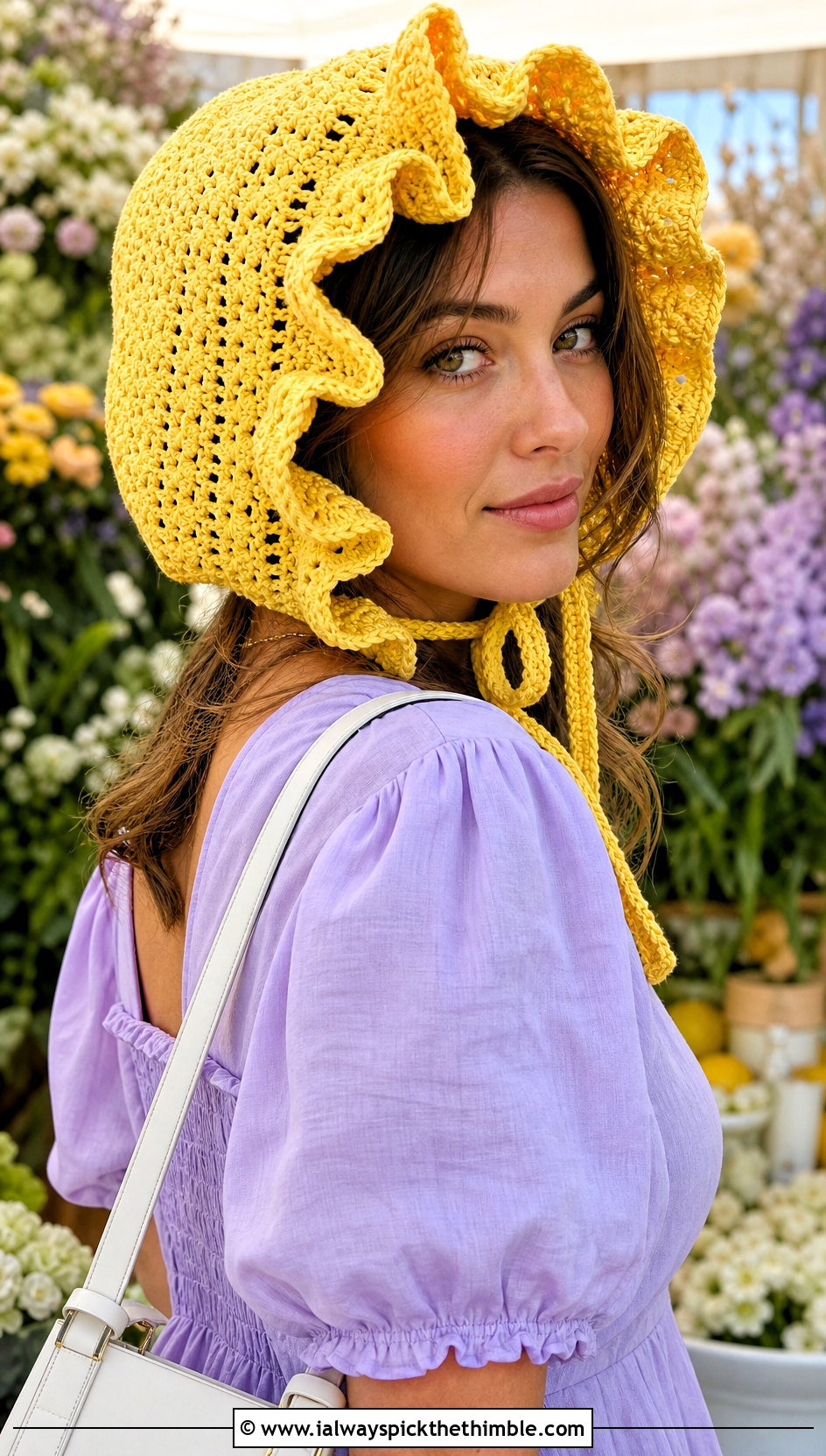 Ruffled Crochet Bonnet With Puff Sleeve Midi Dress - 20 party crochet hat outfit ideas