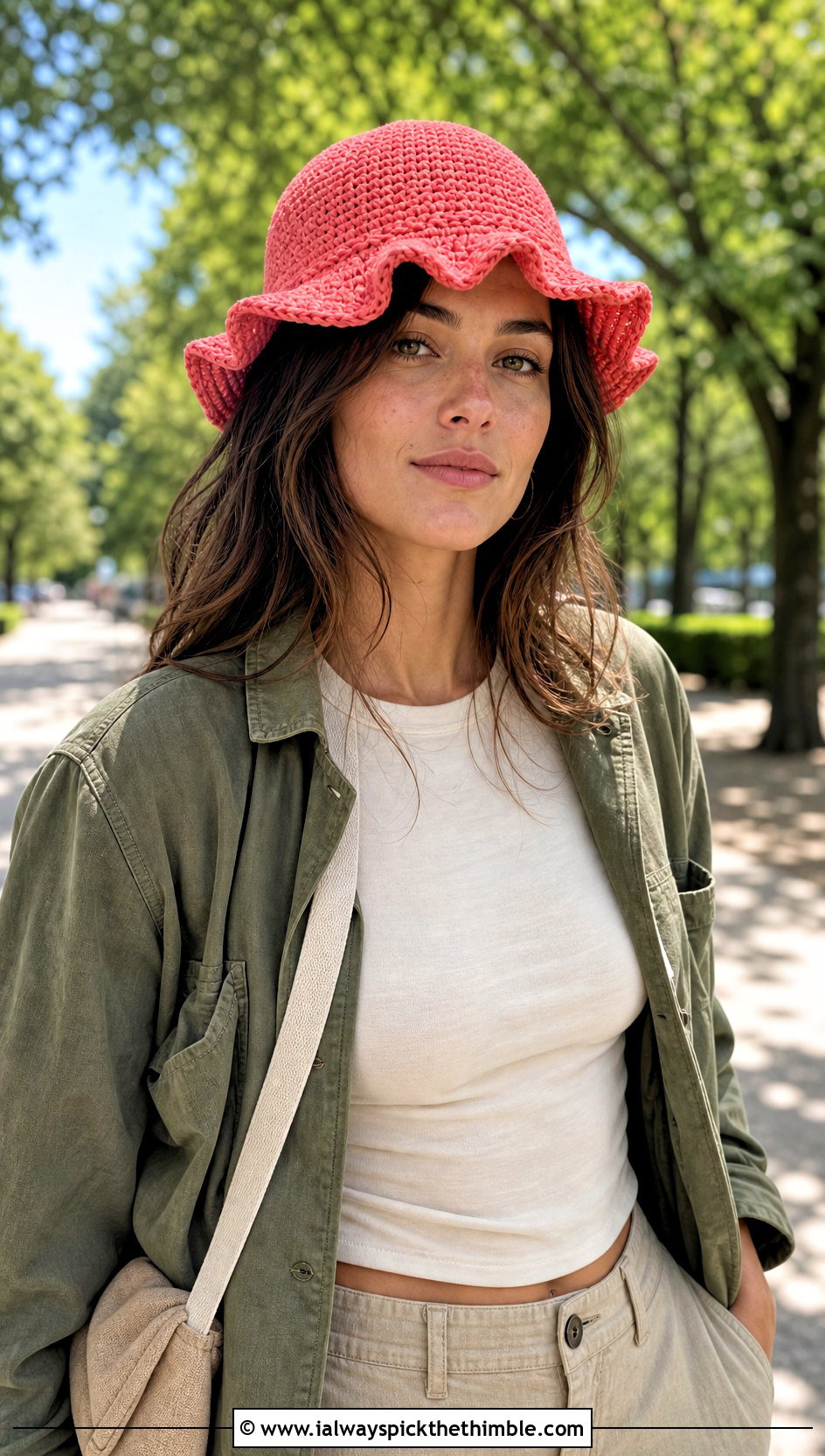 Ruffled Crochet Bucket Hat With Utility Jacket - 20 Cool Crochet Hat outfit ideas