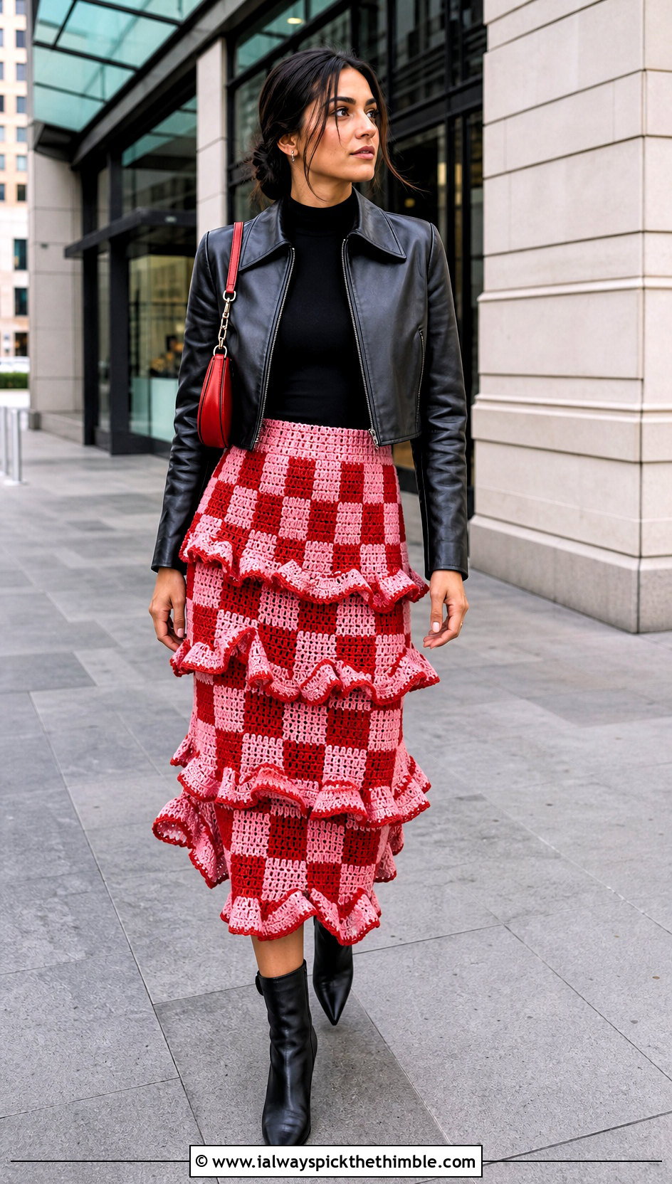 Ruffled Crochet Checkered Skirt With Leather Jacket - 20 crochet checkered skirt outfit ideas