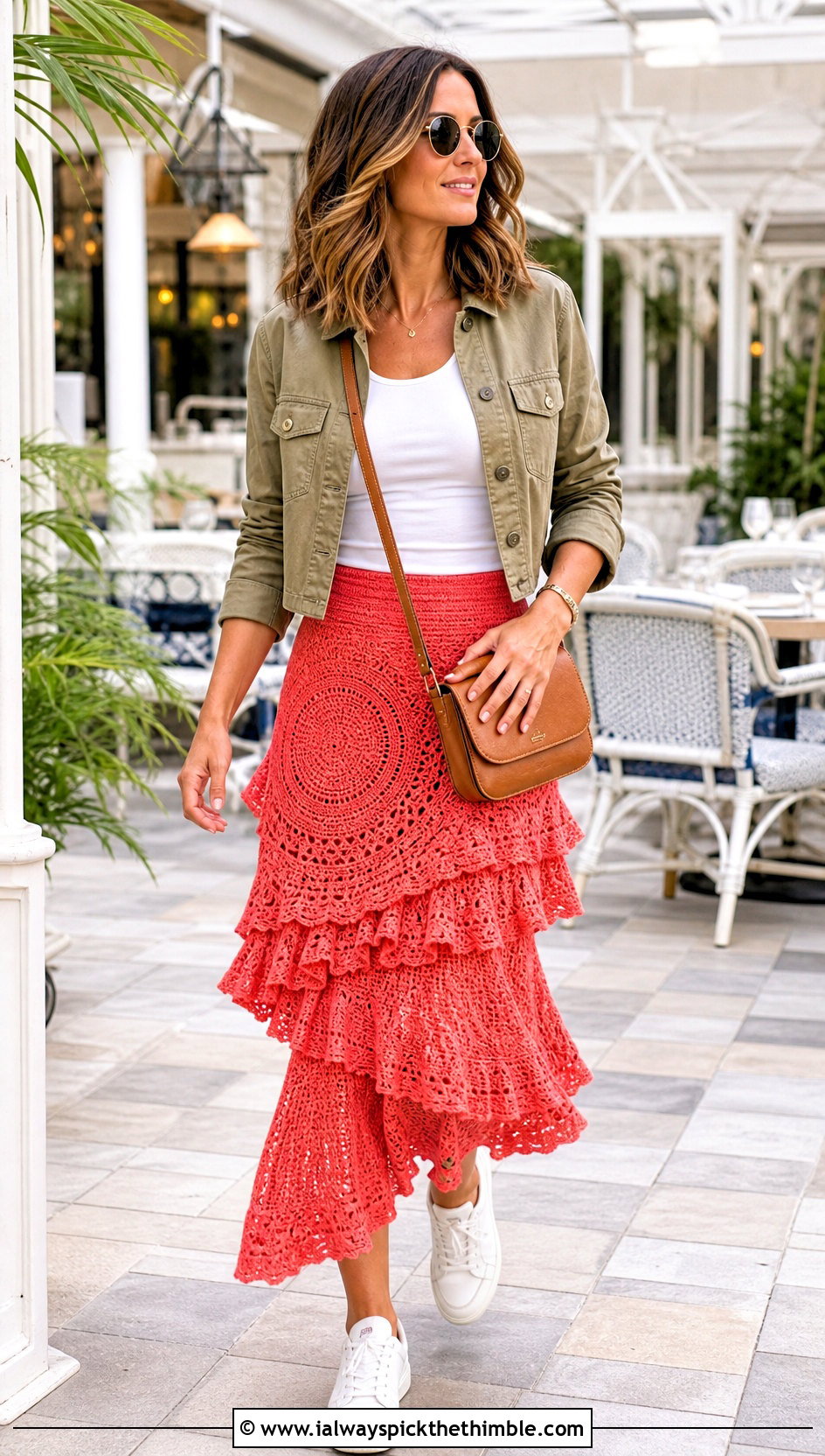 Ruffled Crochet Circle Skirt With Utility Jacket - 20 crochet circle skirt outfit ideas