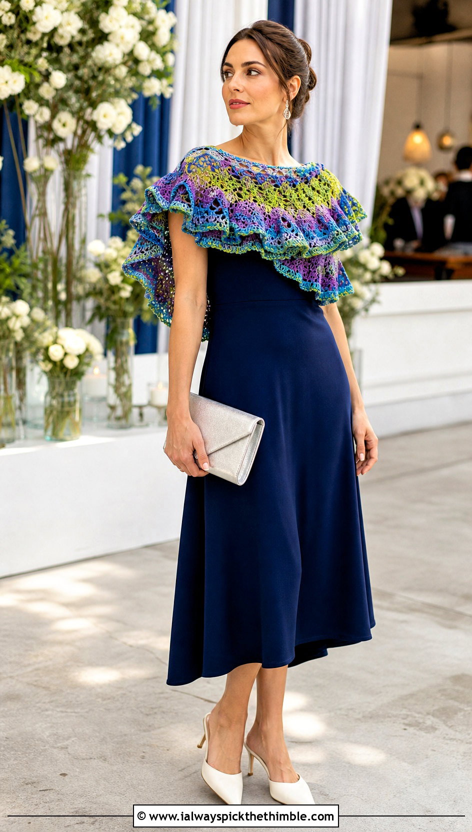 Ruffled Crochet Circular Shawl With a Minimal Midi Dress - 20 crochet circular shawl outfit ideas