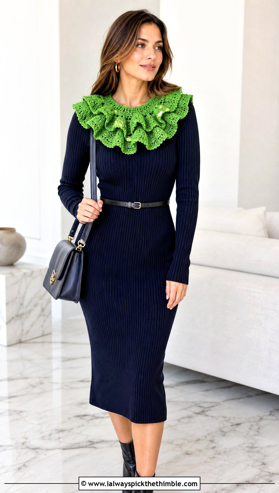Ruffled Crochet Collar With Knit Dress And Ankle Boots - 25 crochet collar outfit ideas