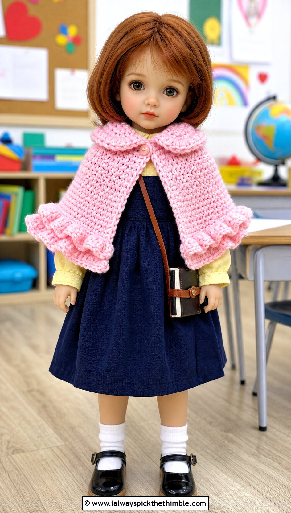 Ruffled Crochet Doll Cape With Pinafore Dress - 20 Crochet Doll Cape outfit ideas