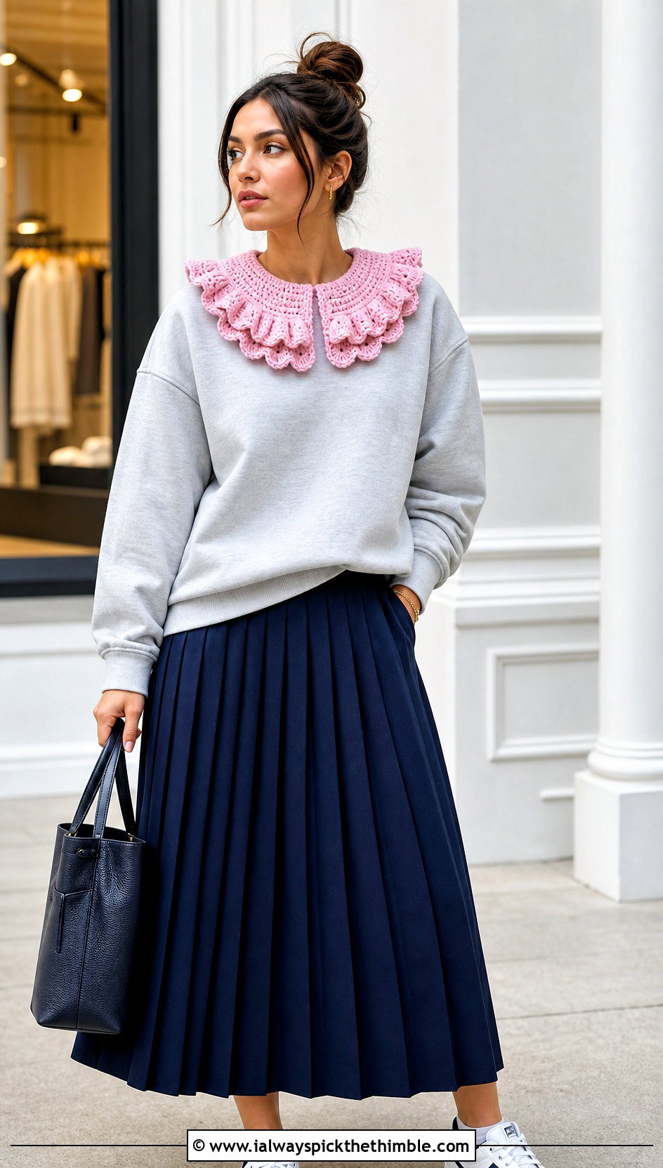 Ruffled Crochet Doll Collar With Sweatshirt And Pleated Skirt - 20 Crochet Doll Collar outfit ideas