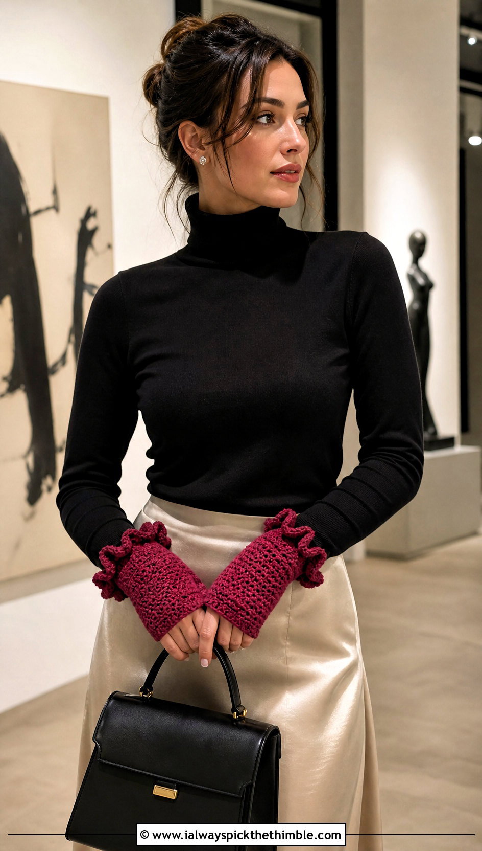 Ruffled Crochet Fingerless Mitts With a Midi Skirt - 25 crochet fingerless gloves outfit ideas