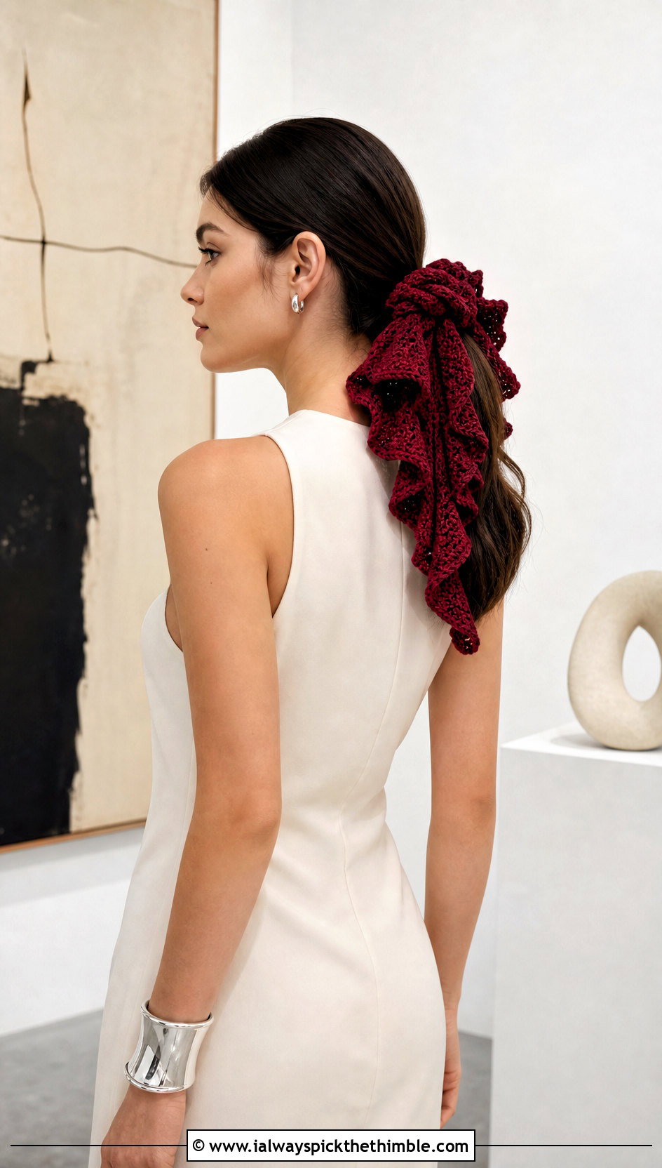 Ruffled Crochet Hair Tie Scarf With Minimal Column Dress - 20 crochet hair tie scarf outfit ideas