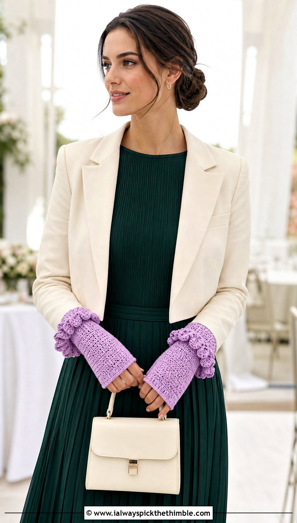 Ruffled Crochet Half Gloves With Pleated Dress - 20 crochet half gloves fingerless mitts outfit ideas