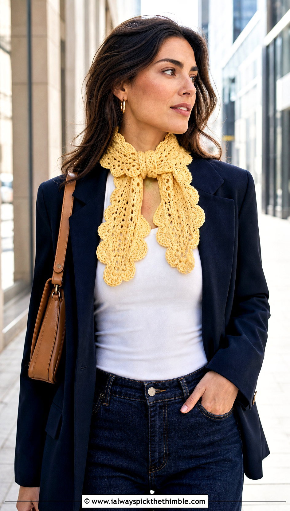 Ruffled Crochet Keyhole Scarf With Blazer And Jeans - 25 crochet keyhole scarf outfit ideas