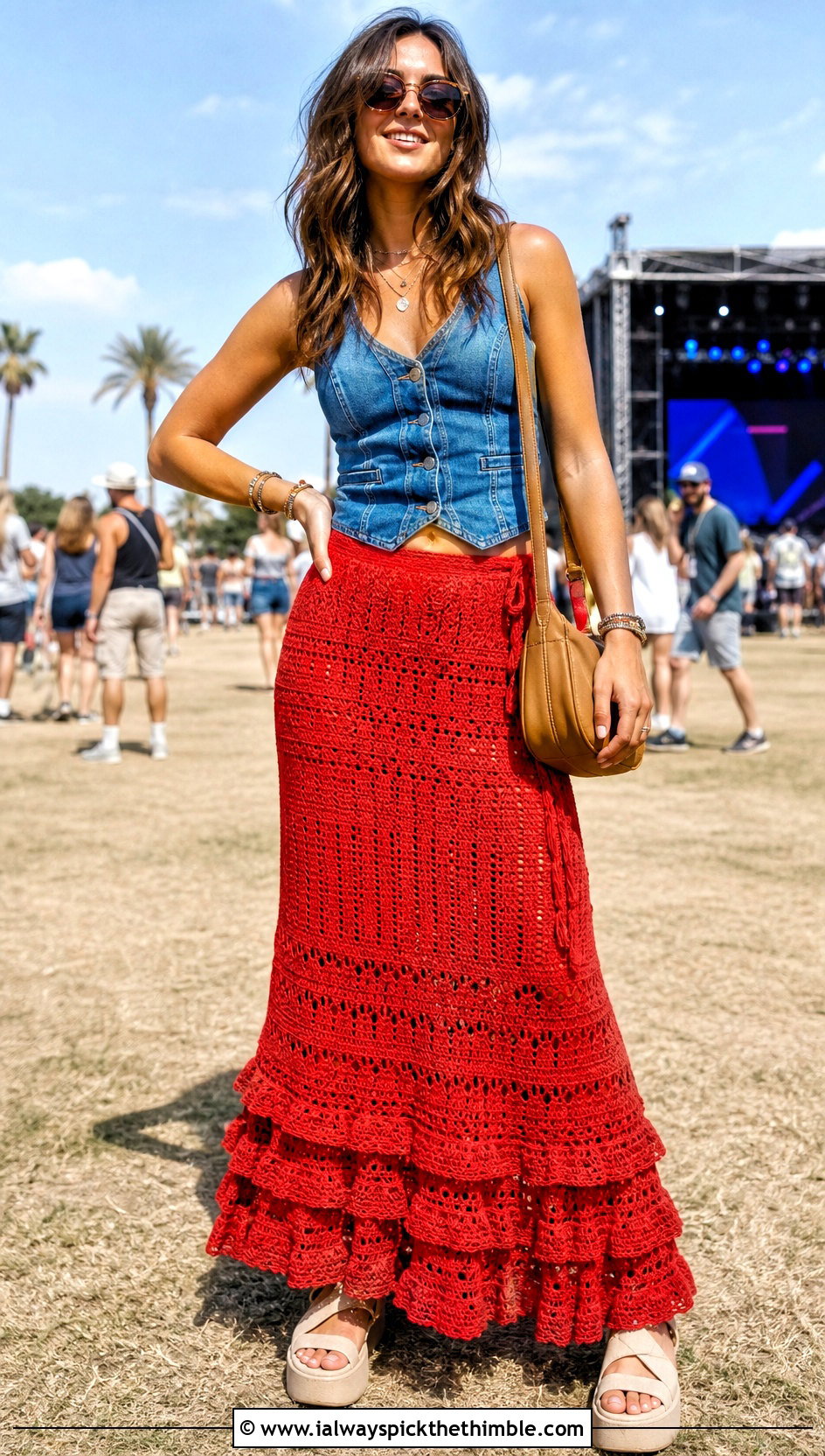 Ruffled Crochet Maxi Skirt With Denim Vest - 25 long crochet skirt outfit ideas