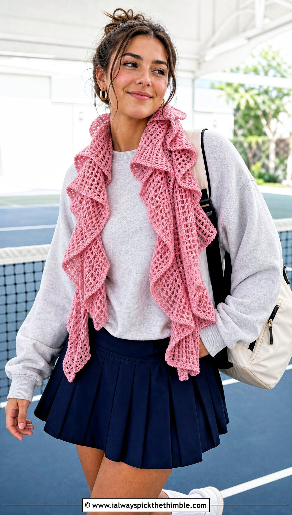 Ruffled Crochet Mesh Scarf With Sweatshirt And Tennis Skirt - 20 Crochet Mesh Scarf outfit ideas