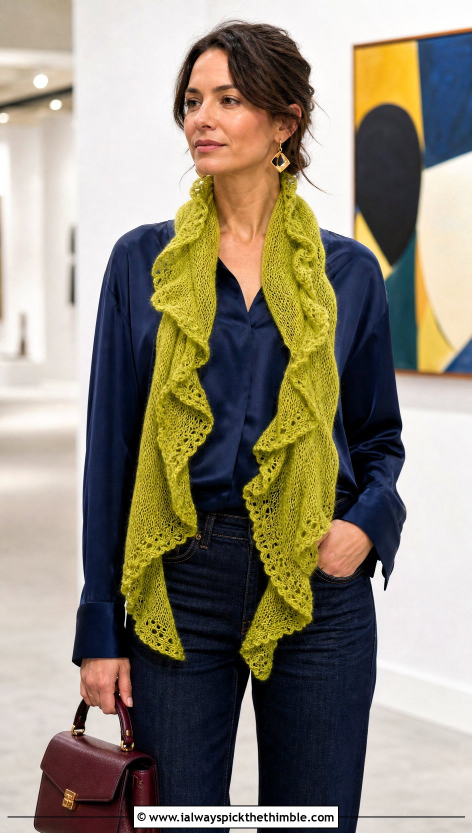 Ruffled Crochet Mohair Scarf With Satin Blouse - 20 crochet mohair scarf outfit ideas
