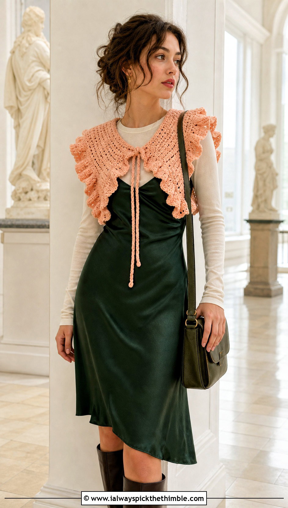 Ruffled Crochet Sailor Collar With Slip Dress And Boots - 20 crochet sailor collar outfit ideas