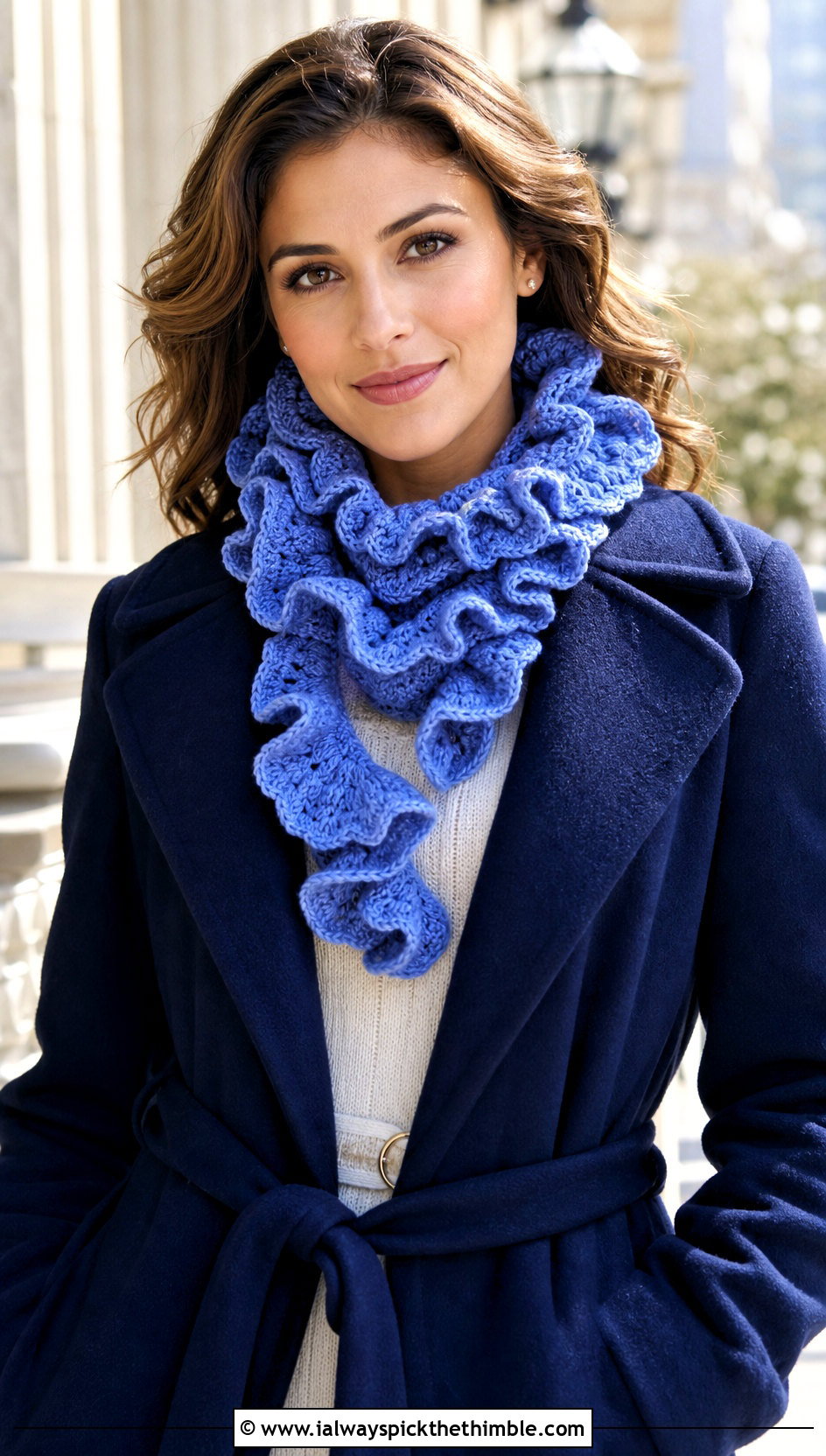 Ruffled Crochet Scarf With Belted Coat - 25 Winter Crochet Scarf outfit ideas