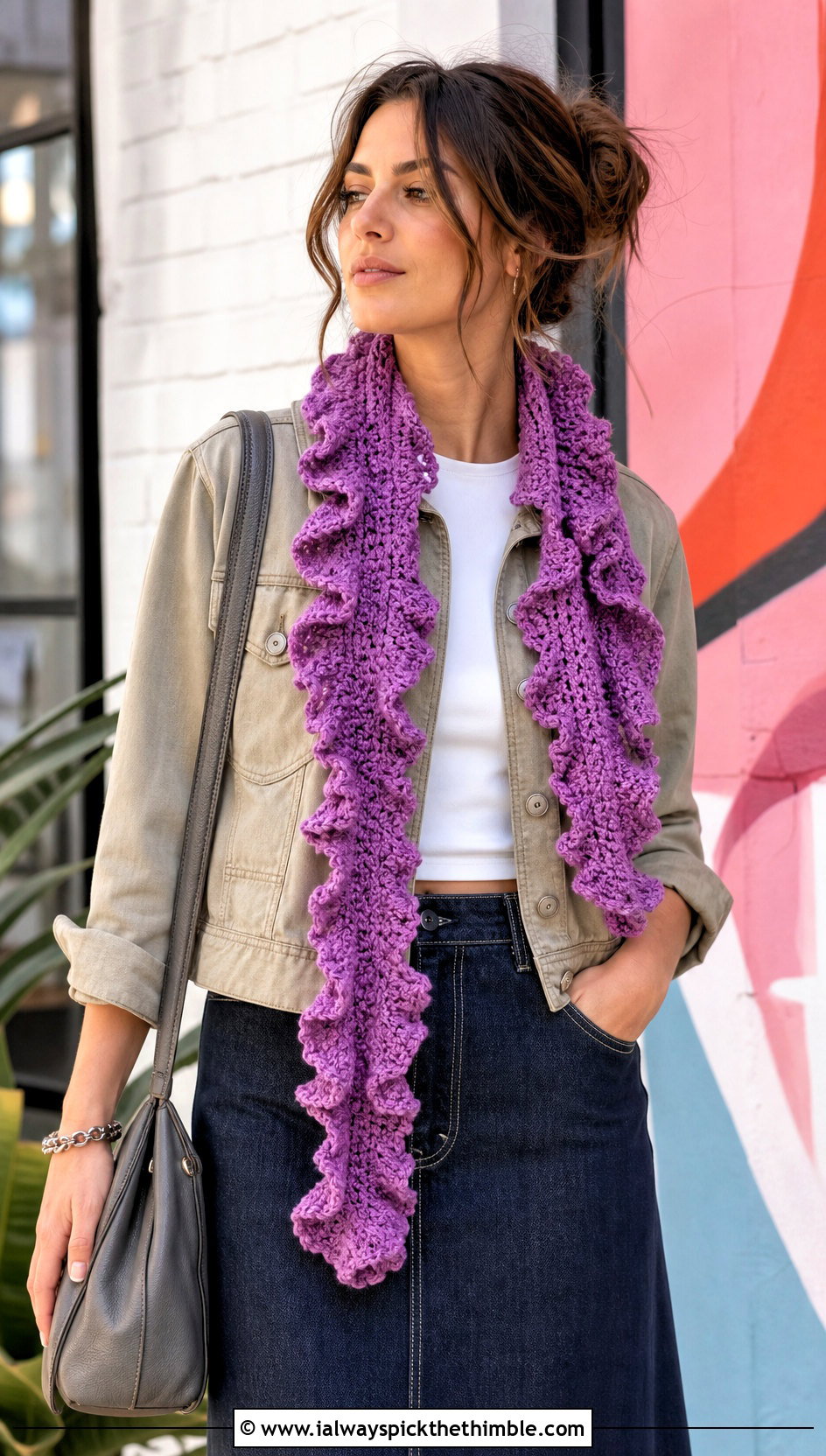 Ruffled Crochet Scarf With Cropped Jacket And Maxi Skirt - 20 unique crochet scarf outfit ideas