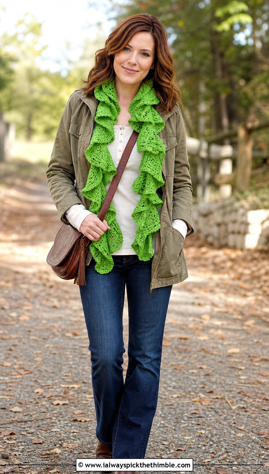 Ruffled Crochet Scarf With Utility Jacket - 20 easy crochet scarfs outfit ideas