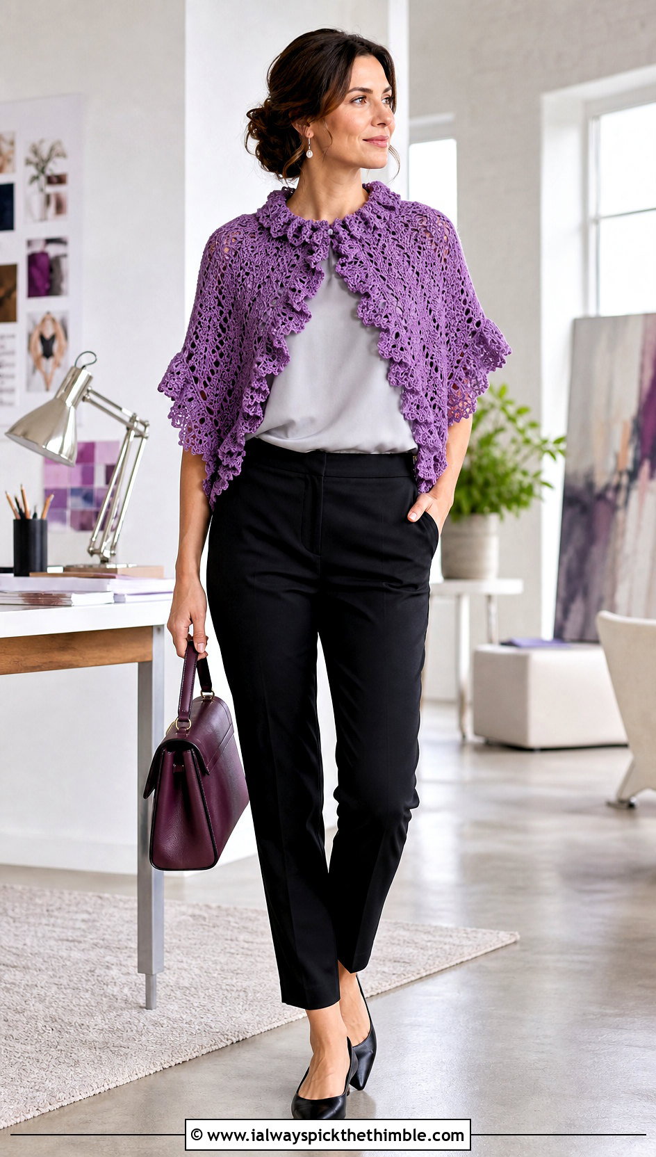 Ruffled Crochet Shawlette With Cigarette Pants - 20 Crochet For Shawls And Wraps outfit ideas